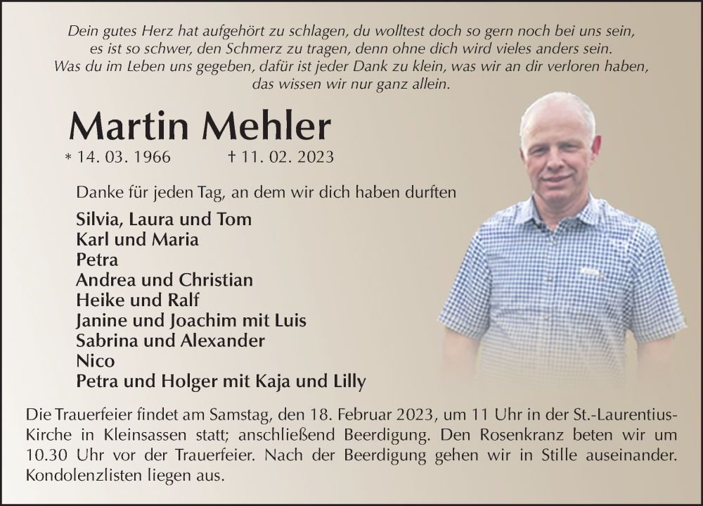  Traueranzeige für Martin Mehler vom 16.02.2023 aus FZ