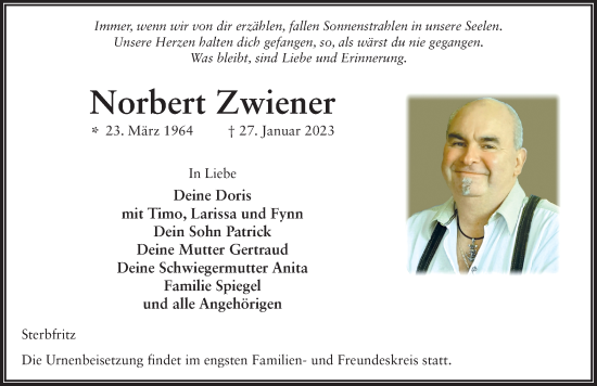 Traueranzeige von Norbert Zwiener von FZ