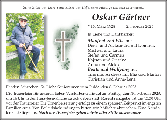 Traueranzeige von Oskar Gärtner von FZ