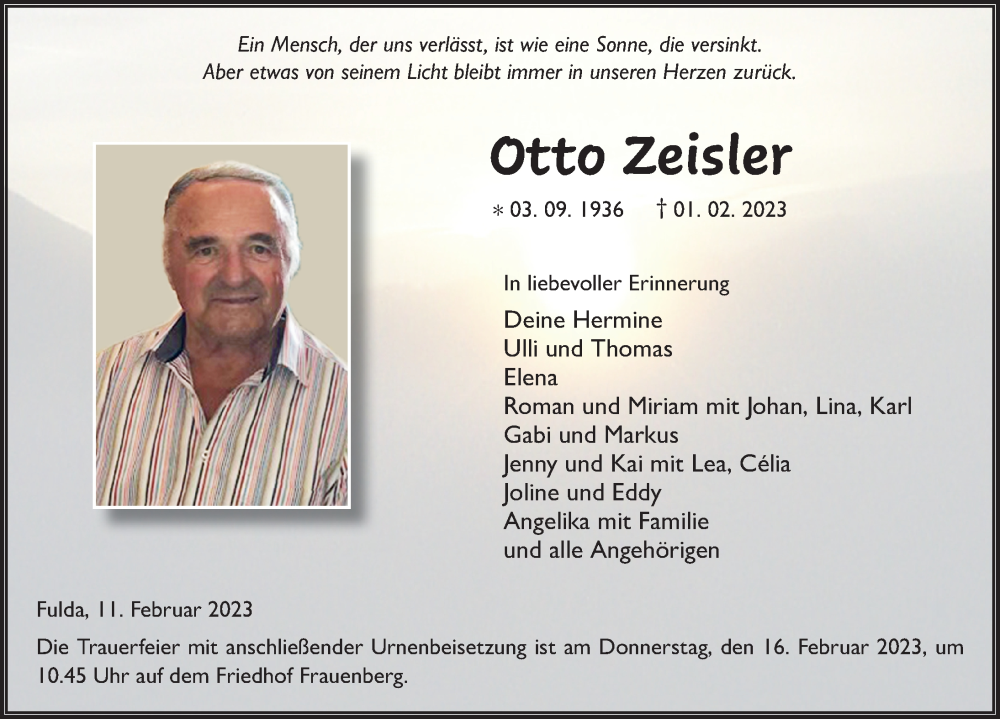  Traueranzeige für Otto Zeisler vom 11.02.2023 aus FZ