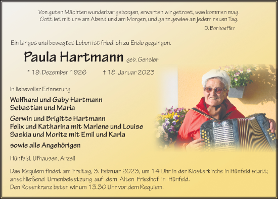 Traueranzeige von Paula Hartmann von FZ