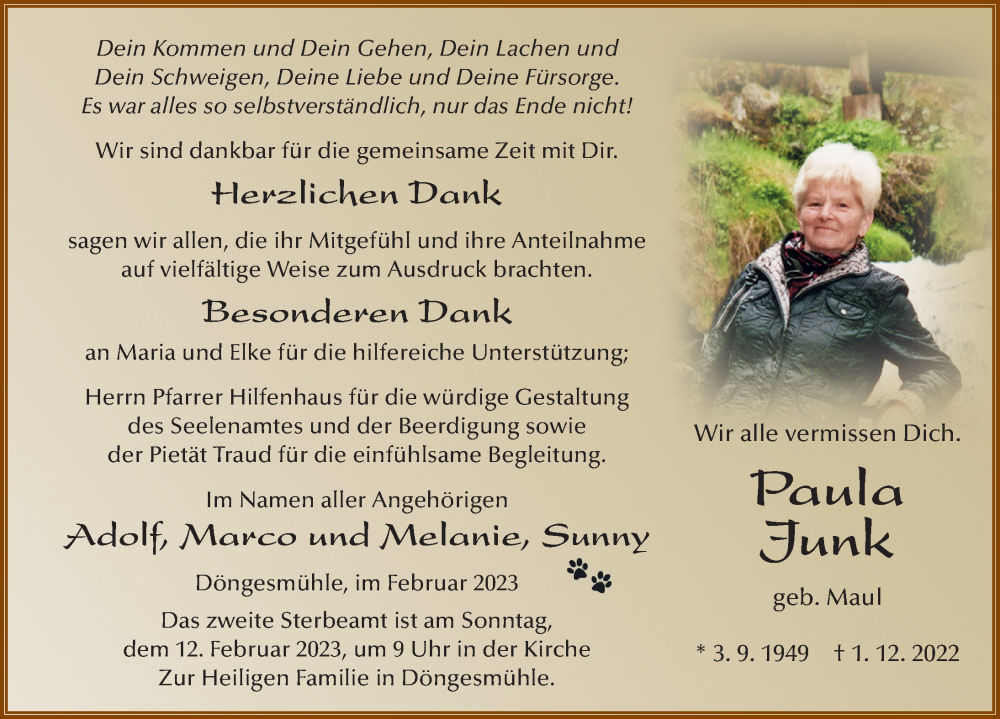  Traueranzeige für Paula Junk vom 04.02.2023 aus FZ