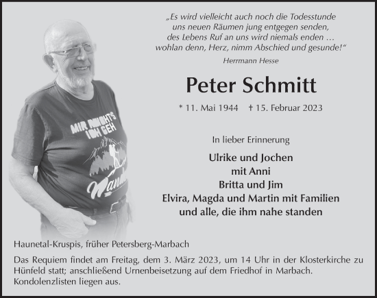 Traueranzeige von Peter Schmitt