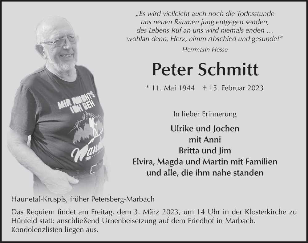 Traueranzeige für Peter Schmitt vom 25.02.2023 aus FZ