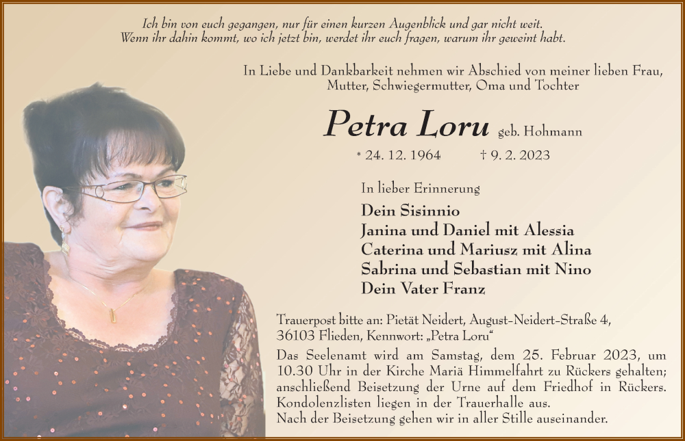  Traueranzeige für Petra Loru vom 18.02.2023 aus FZ