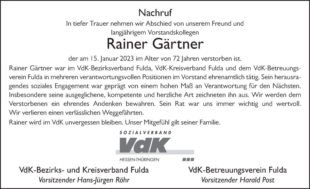  Traueranzeige für Rainer Gärtner vom 08.02.2023 aus FZ