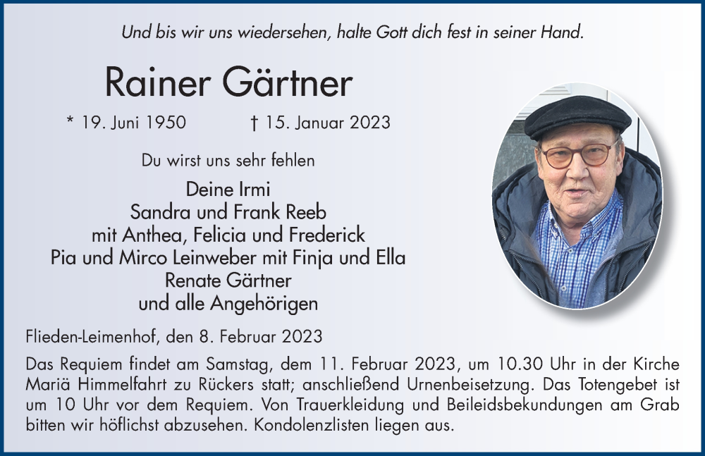  Traueranzeige für Rainer Gärtner vom 08.02.2023 aus FZ