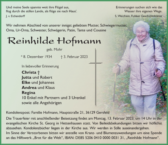 Traueranzeige von Reinhilde Hofmann von FZ