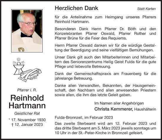 Traueranzeige von Reinhold Hartmann von FZ