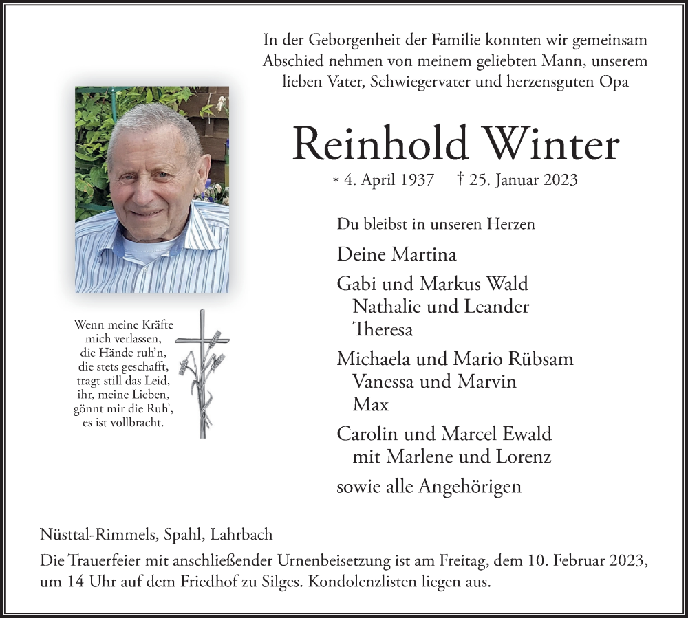  Traueranzeige für Reinhold Winter vom 07.02.2023 aus FZ