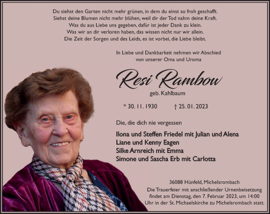 Traueranzeige von Resi Rambou von FZ