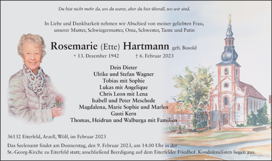 Traueranzeige von Rosemarie Hartmann von FZ