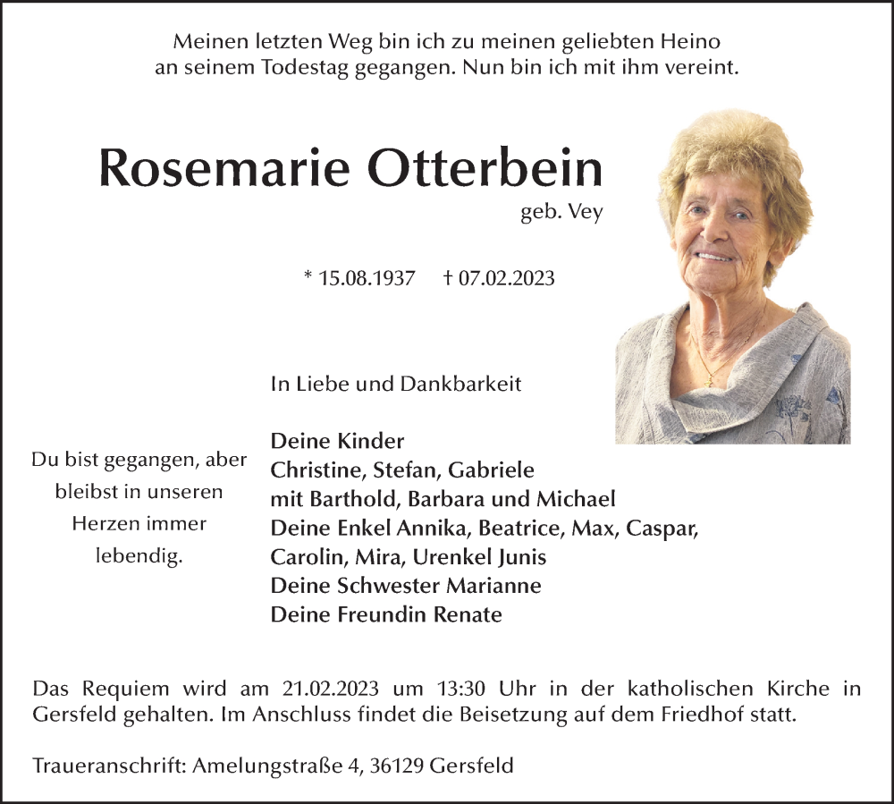  Traueranzeige für Rosemarie Otterbein vom 11.02.2023 aus FZ