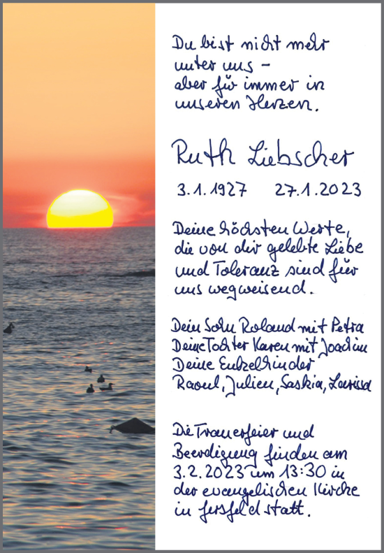 Traueranzeige von Ruth Liebscher von FZ