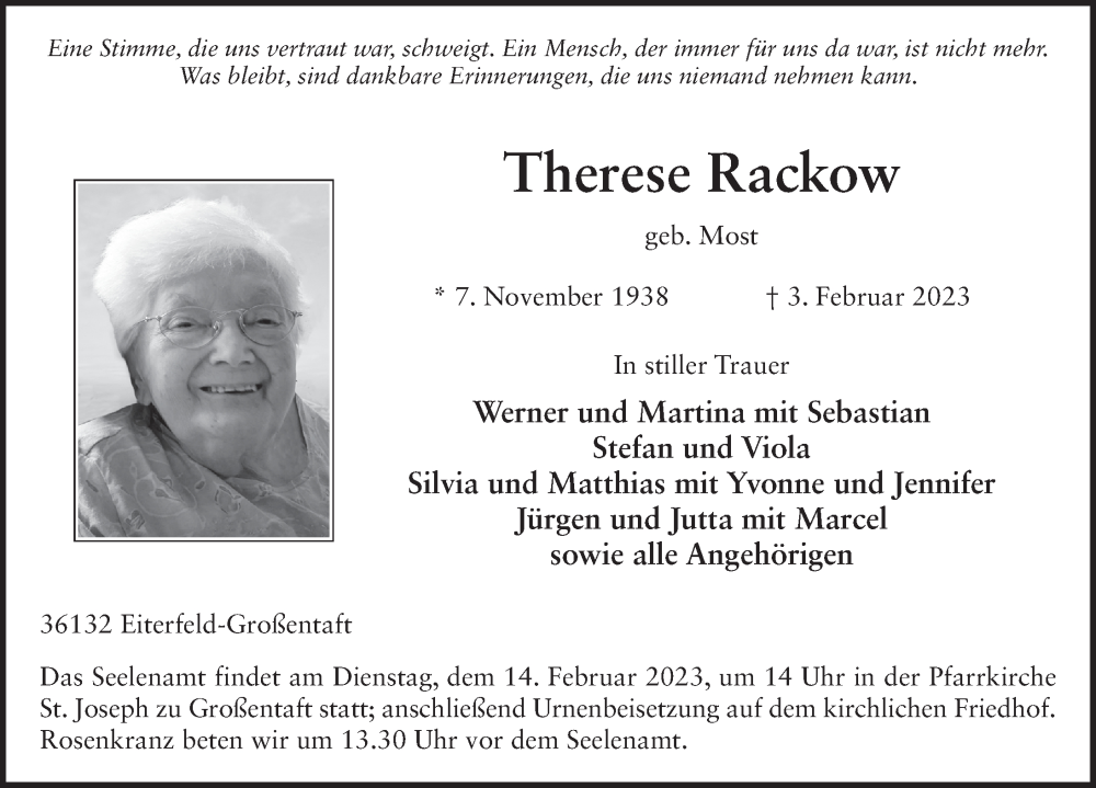  Traueranzeige für Therese Rackow vom 11.02.2023 aus FZ