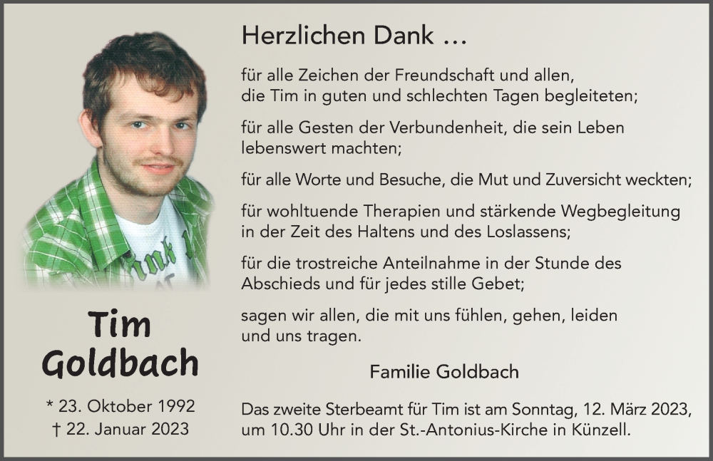  Traueranzeige für Tim Goldbach vom 15.02.2023 aus FZ