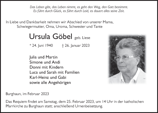 Traueranzeige von Ursula Göbel von FZ
