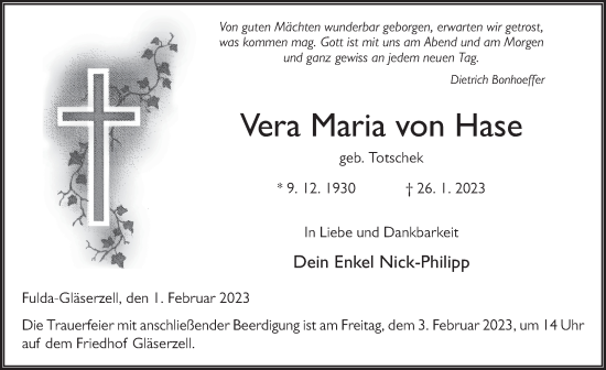 Traueranzeige von Vera Maria von Hase von FZ