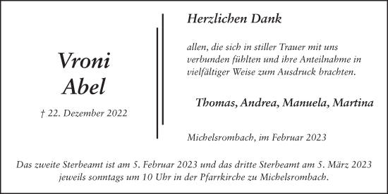 Traueranzeige von Veronika Abel von FZ