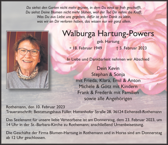 Traueranzeige von Walburga Hartung-Powers von FZ