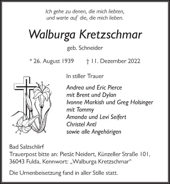Traueranzeige von Walburga Kretzschmar von FZ