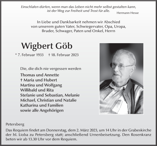 Traueranzeige von Wigbert Göb