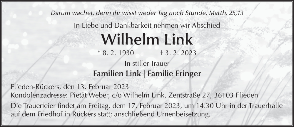  Traueranzeige für Wilhelm Link vom 13.02.2023 aus FZ