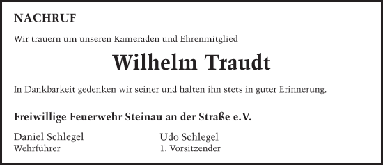 Traueranzeige von Wilhelm Traudt von FZ