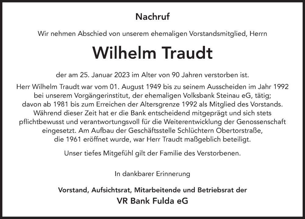  Traueranzeige für Wilhelm Traudt vom 02.02.2023 aus FZ