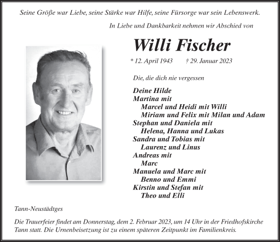 Traueranzeige von Willi Fischer von FZ