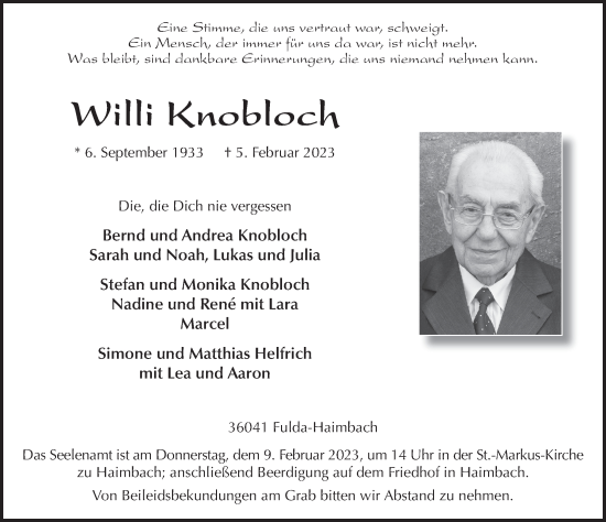 Traueranzeige von Willi Knobloch von FZ