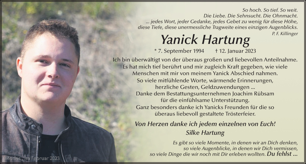  Traueranzeige für Yanick Hartung vom 25.02.2023 aus FZ