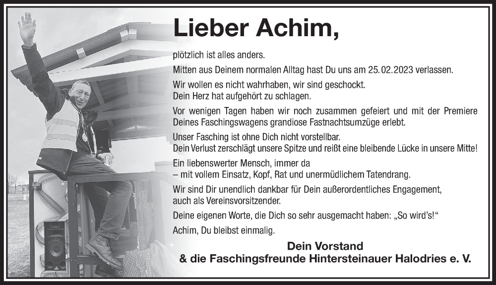  Traueranzeige für Achim Kempel vom 09.03.2023 aus FZ