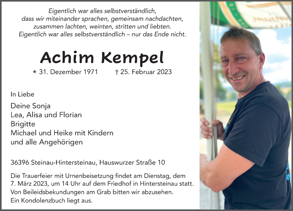  Traueranzeige für Achim Kempel vom 02.03.2023 aus FZ