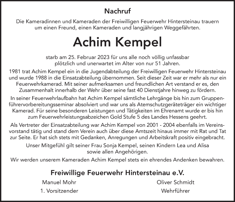  Traueranzeige für Achim Kempel vom 09.03.2023 aus FZ