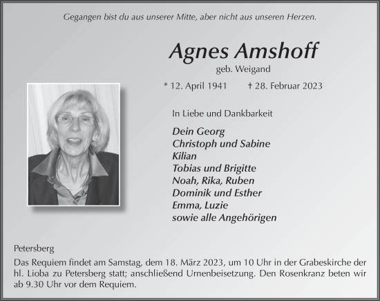 Traueranzeige von Agnes Amshoff von FZ