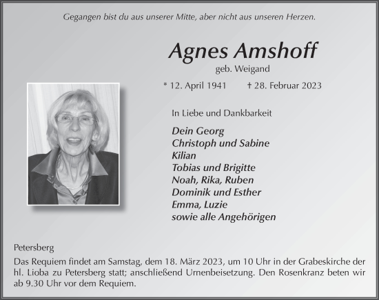 Traueranzeige von Agnes Amshoff