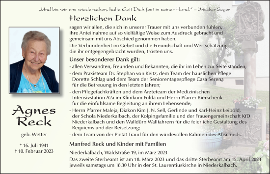 Traueranzeige von Agnes Reck von FZ