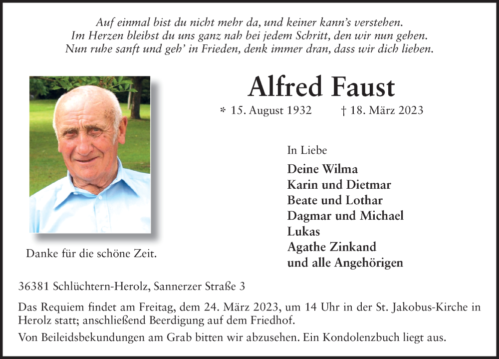  Traueranzeige für Alfred Faust vom 23.03.2023 aus FZ