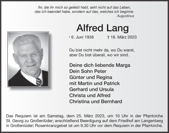 Traueranzeige von Alfred Lang von FZ