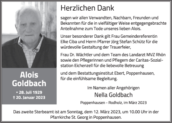Traueranzeige von Alois Goldbach von FZ