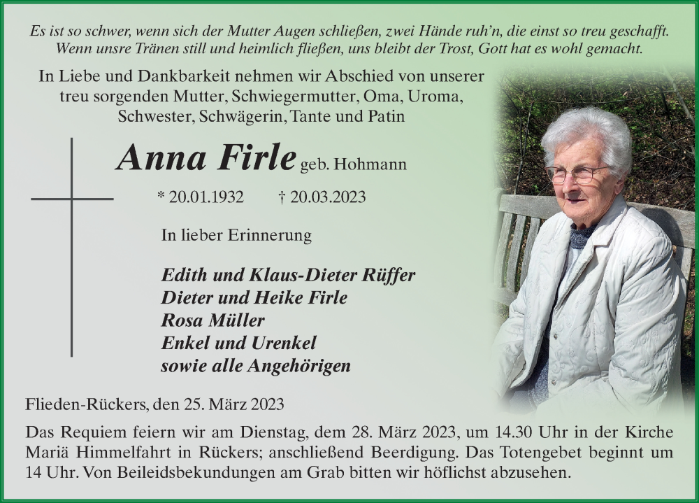  Traueranzeige für Anna Firle vom 25.03.2023 aus FZ