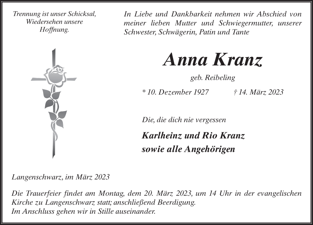 Traueranzeige für Anna Kranz vom 17.03.2023 aus FZ