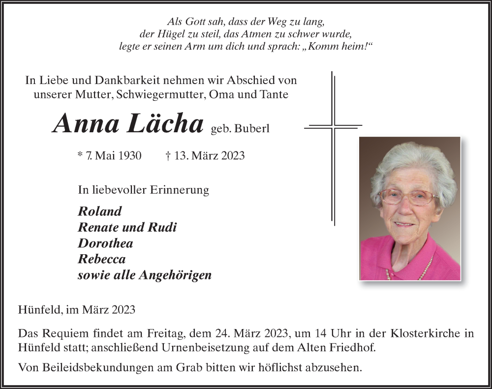  Traueranzeige für Anna Lächa vom 21.03.2023 aus FZ