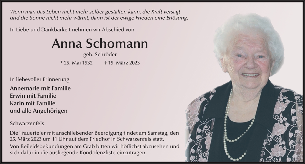  Traueranzeige für Anna Schomann vom 23.03.2023 aus FZ