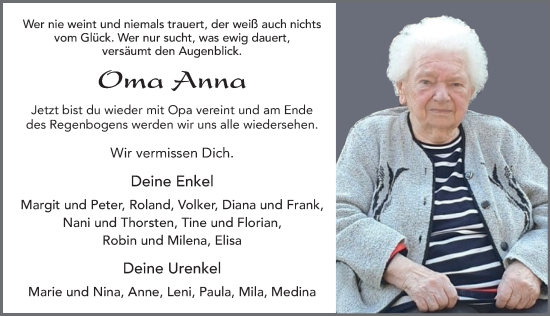 Traueranzeige von Anna Schomann von FZ
