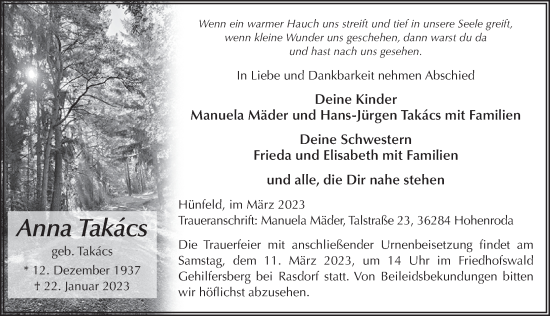 Traueranzeige von Anna Takacs von FZ
