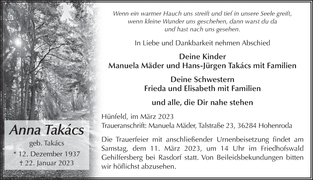  Traueranzeige für Anna Takacs vom 06.03.2023 aus FZ