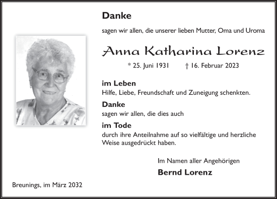 Traueranzeige von Anna Katharina Lorenz von FZ