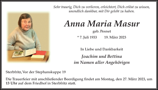 Traueranzeige von Anna Maria Masur von FZ